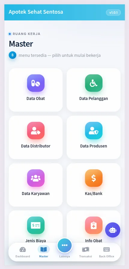 Menu master data Nizora di HP - obat, pelanggan, distributor